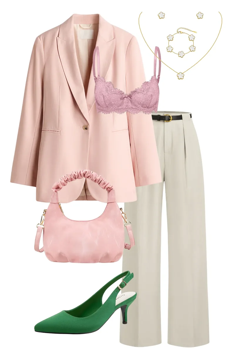 Outfit collage with a pink blazer and lace bra, cream trousers, pink bag and green slingback shoe.
