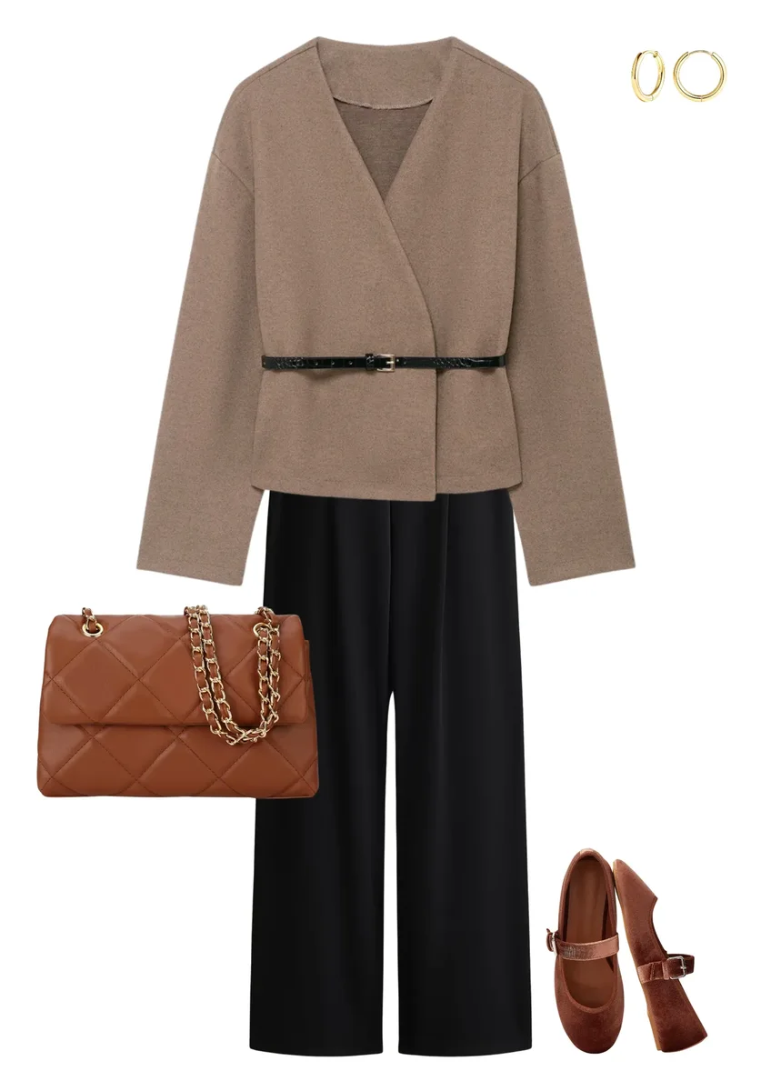 Outfit collage with a taupe belted jacket, black trousers, brown bag and brown strap shoes.