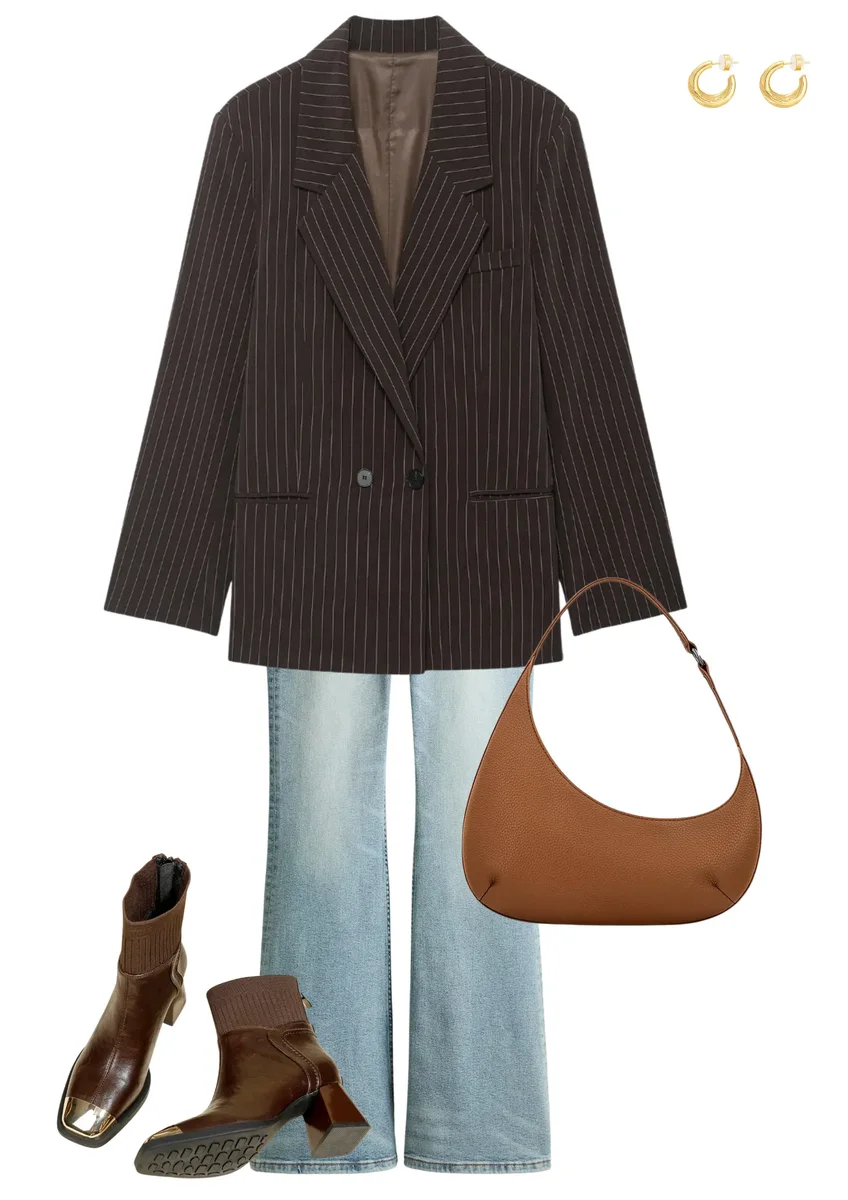 Outfit collage with a brown pinstripe blazer, light blue jeans, brown shoulder bag and ankle boots.
