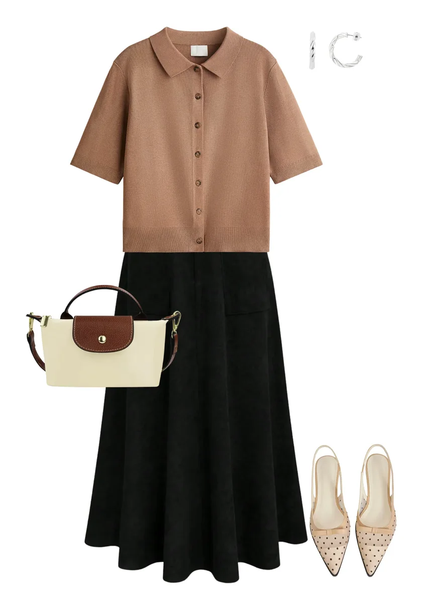 Outfit collage with a brown short-sleeve cardigan, black skirt, cream-and-brown bag and dotted slingback shoes.