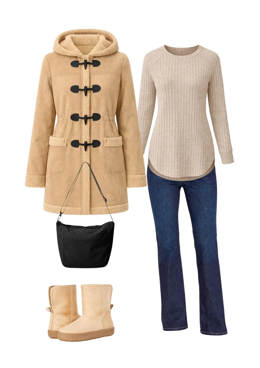Outfit collage with a tan hooded toggle coat, beige sweater, blue jeans, black bag and tan boots.