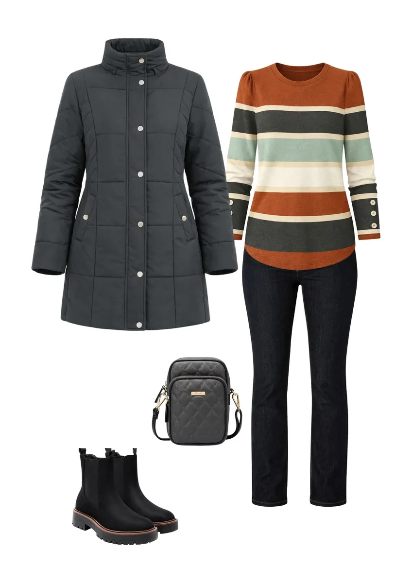Outfit collage with a black quilted coat, striped sweater, black trousers, black bag and ankle boots.