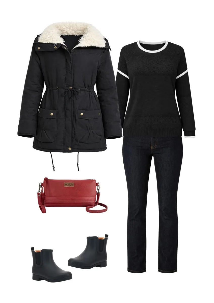 Outfit collage with a black jacket with a cream collar, black sweater and jeans, red bag and black ankle boots.