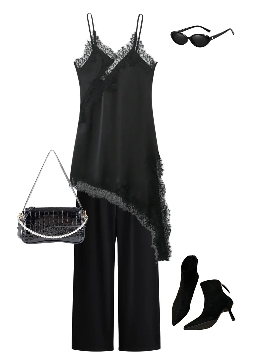 Outfit collage with a black lace-trim slip dress, black trousers, sunglasses, bag and ankle boots.