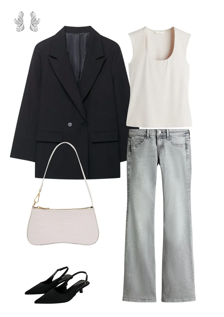 Outfit collage with a black blazer, cream sleeveless top, gray jeans, pale bag and black slingback shoes.