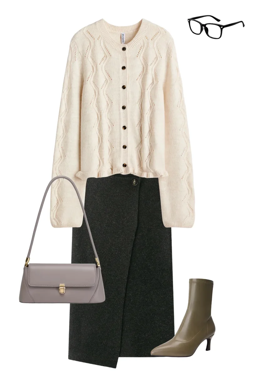 Outfit collage with a cream cable-knit cardigan, dark wrap skirt, glasses, taupe bag and ankle boot.